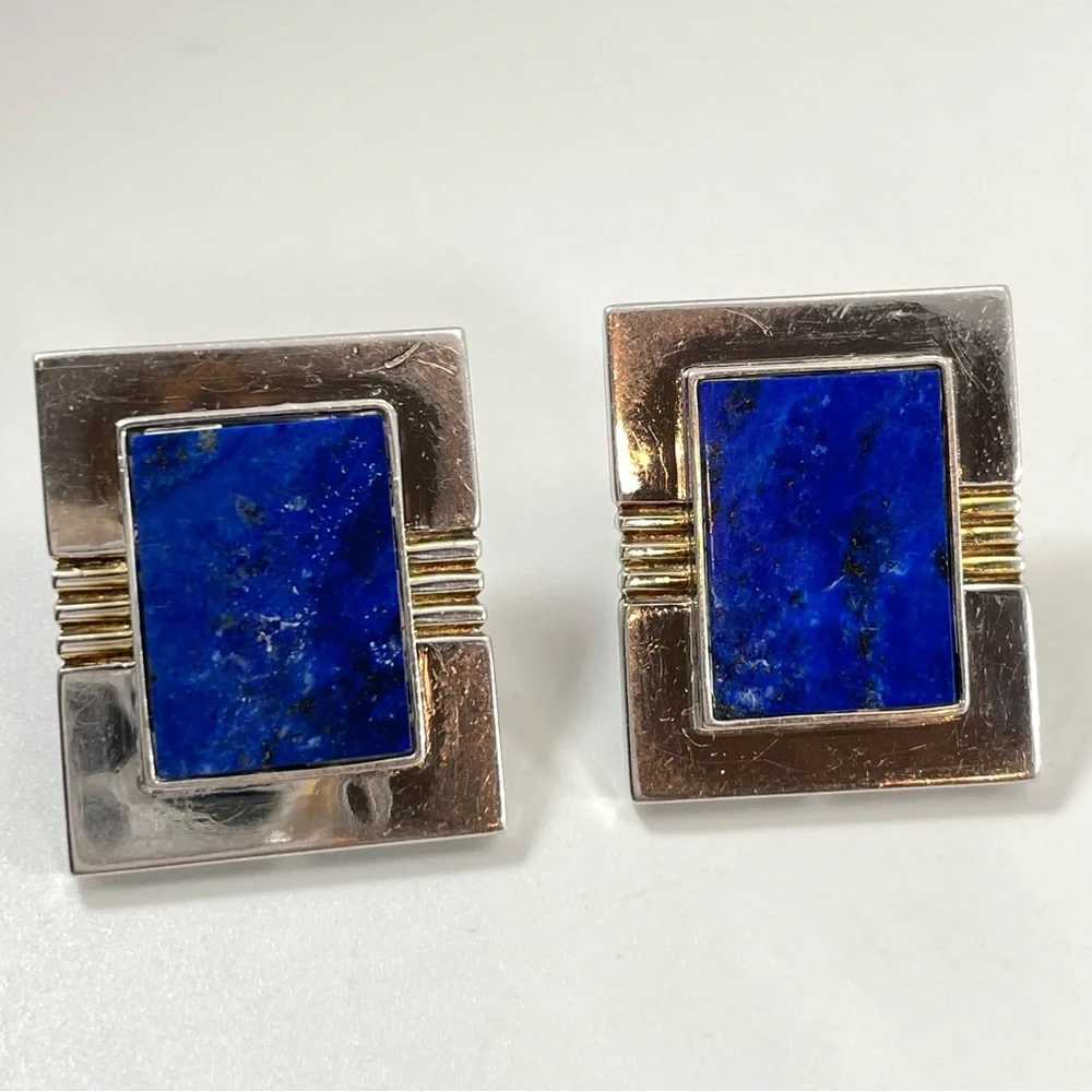 Vintage Sterling Silver Framed Lapis Lazuli Geometric Pierced Earrings Art Deco